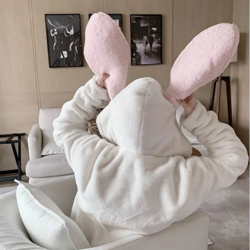 

Plush Jacket Woman Winter Long Rabbit Ears Thickened Parka Hairy Soft Girls Imitation Fur Quilted Velvet Bomber Coat Cardigan