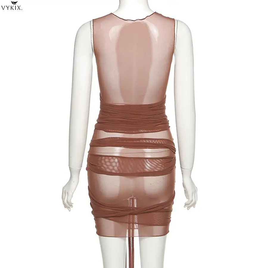 

Spring Mesh Patchwork Sleeveless Sexy Mini Dress Lace Up Bandage See Through Sheer Bodycon Dresses Ladies Womens Clubwear Summer