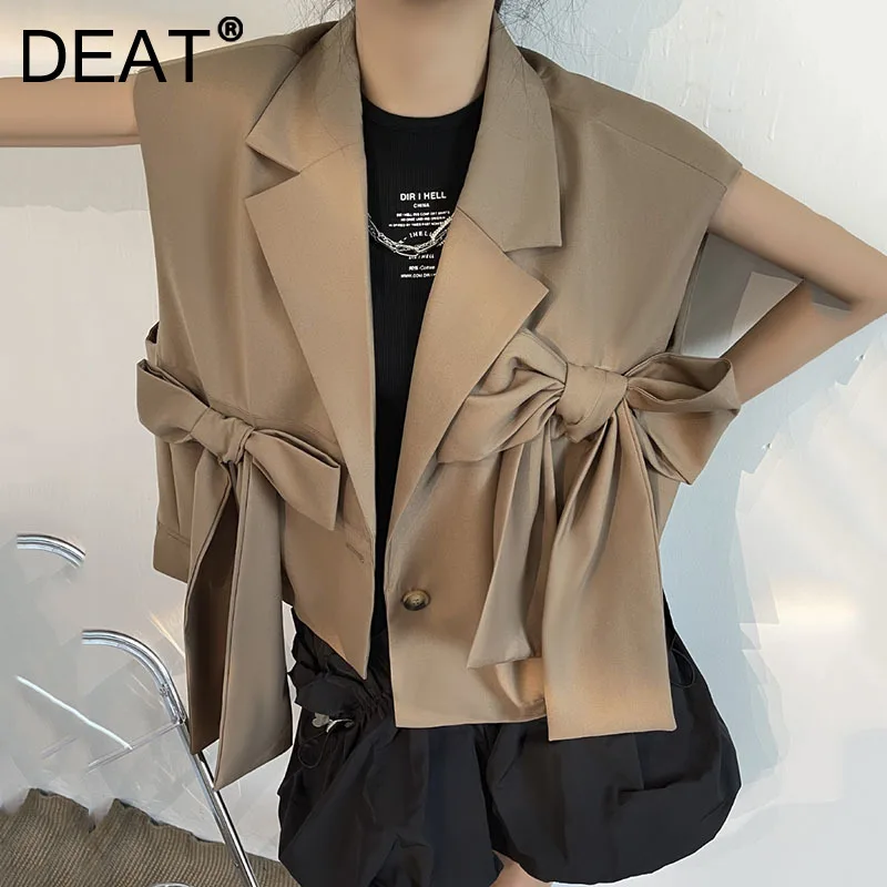 

Женский облегающий жилет на пуговицах DEAT, однотонный Свободный Повседневный костюм без рукавов с бантом, весна-осень 2021