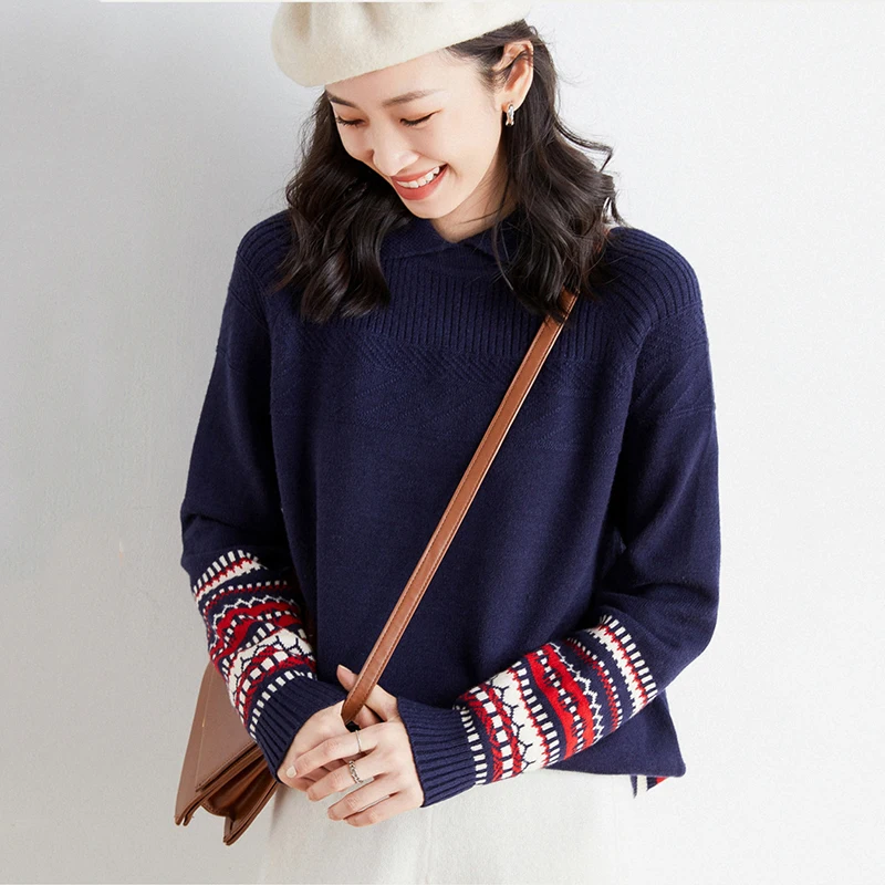 

Женский вязаный шерстяной свитер, Свободный теплый пуловер с длинным рукавом и винтажным принтом, элегантный уютный офисный Топ для осени и...