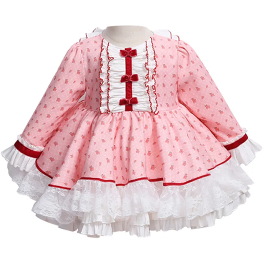 

Children Spring Spanish Lolita Ball Gown Dress New Girls Child Princess Pink Lace Floral Embroidery Baptism Party Dresses