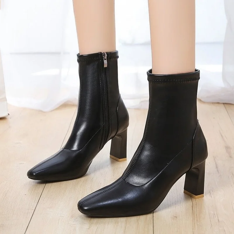 

2021 new Korean style thick heel short boots square toe side zipper fashion boots fashion leather high heel single boots