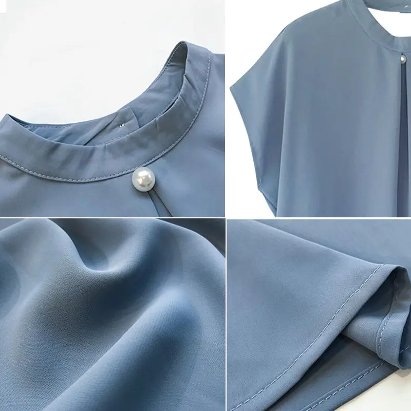 Женская рубашка большого размера с коротким рукавом жемчужная круглым вырезом