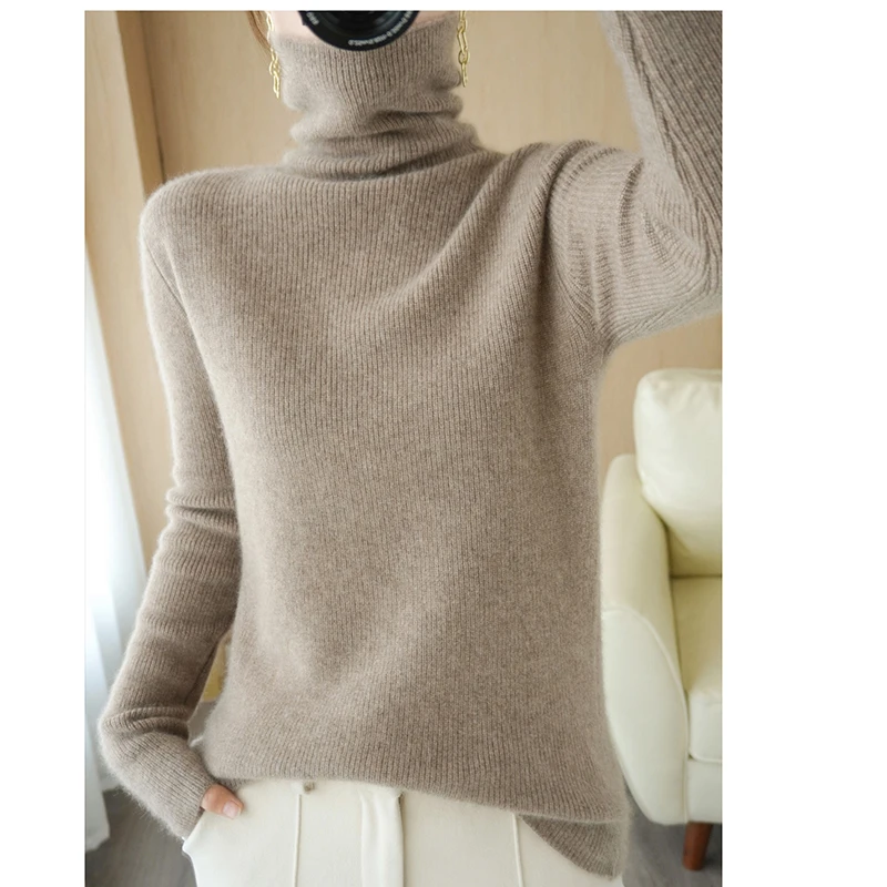 

Однотонный плотный шерстяной свитер с высоким воротником, Женский мягкий теплый вязаный пуловер, Модные Повседневные базовые Топы на осень...