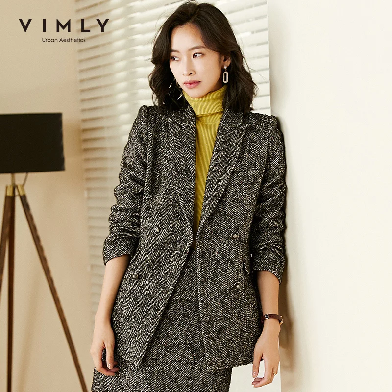 Vimly Winter Women's Wool Coats and Jackets Elegant Notched Double Breasted Office Lady Blazers F3032