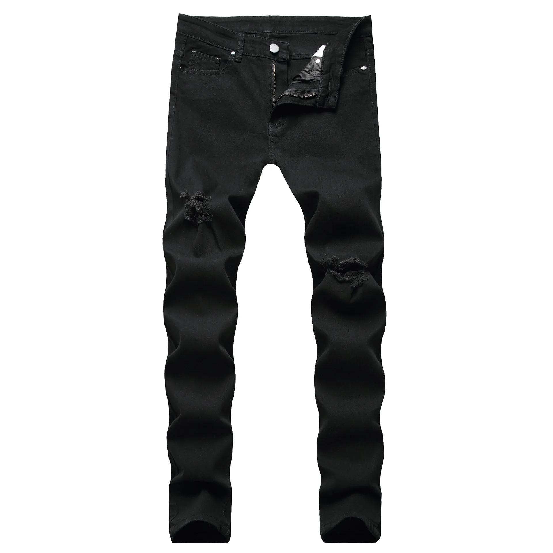 

Men's Biker Jeans High Stretch Holes Scratches Ripped Classic Skinny Washed Destroyed Hole Slim Denim Hip Hop Black Pants