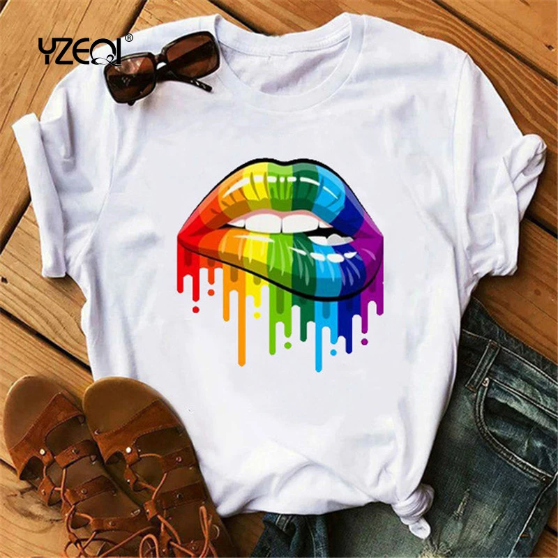 

Женская уличная футболка Yzeqi, летняя белая хлопковая Футболка с принтом губ в стиле Харадзюку, Повседневная Свободная футболка