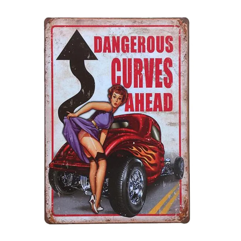 

DAMGEROUS CURVES AHEAD VINTAGE Tin Sign Bar pub home Wall Decor Retro Metal Art Poster