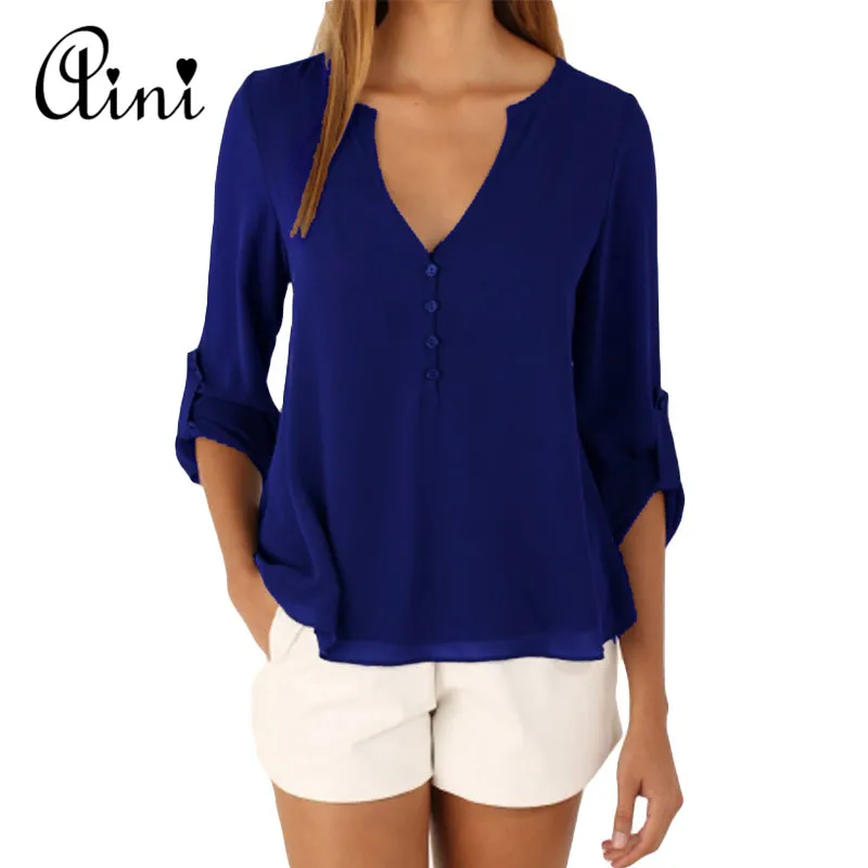 Женские топы и блузки размера плюс 5XL с длинным рукавом одноцветные v-образный