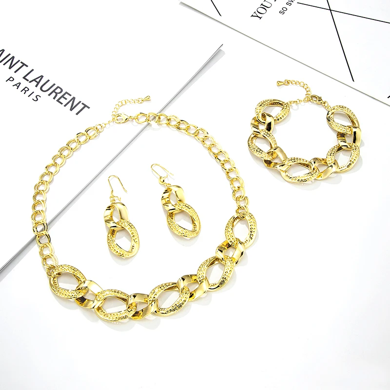 

Fashion Jewelry Sets for Women 24K Gold Color Bridal Necklace Drop Earrings Bracelet Set Indian African Wedding Ornament Gifts
