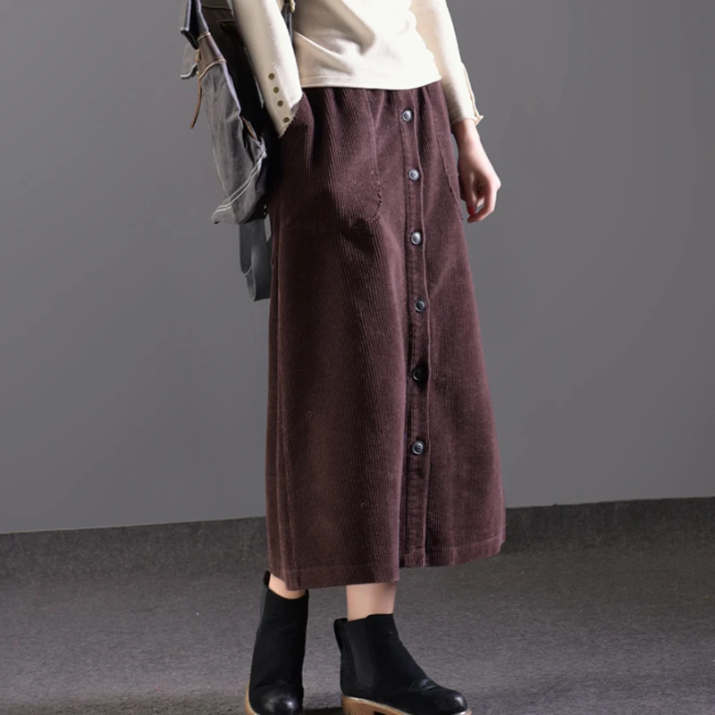 Lucyever Women Corduroy Long Skirt Autumn Winter Vintage Loose A-line Female High Waist Plus Size Thick Warm Ladies Faldas