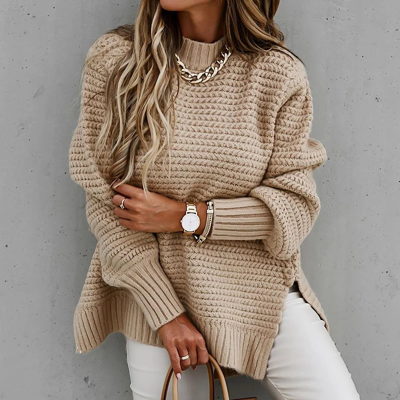

Fashion Long Sleeve Loose Slit Knitted Sweater Autumn Winter Warm Turtleneck Sweater Women Casual Irregular Pullover Tops Jumper