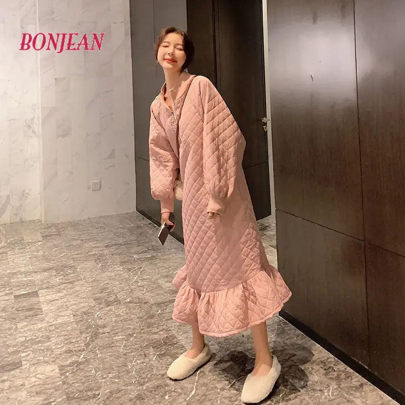 Women Winter Parka Dress Pink Rhombus Quilting Padded Long Sleeve Dress Warm Winter Streetwear Parkas Waistcoat Dress Vestidos