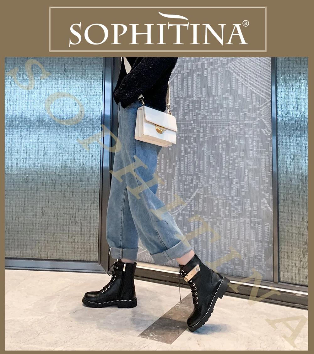 SOPHITINA/ботинки из натуральной кожи; Новинка; модные красивые Удобные однотонные ботинки на квадратном каблуке с металлическим украшением; женские ботильоны; MO312