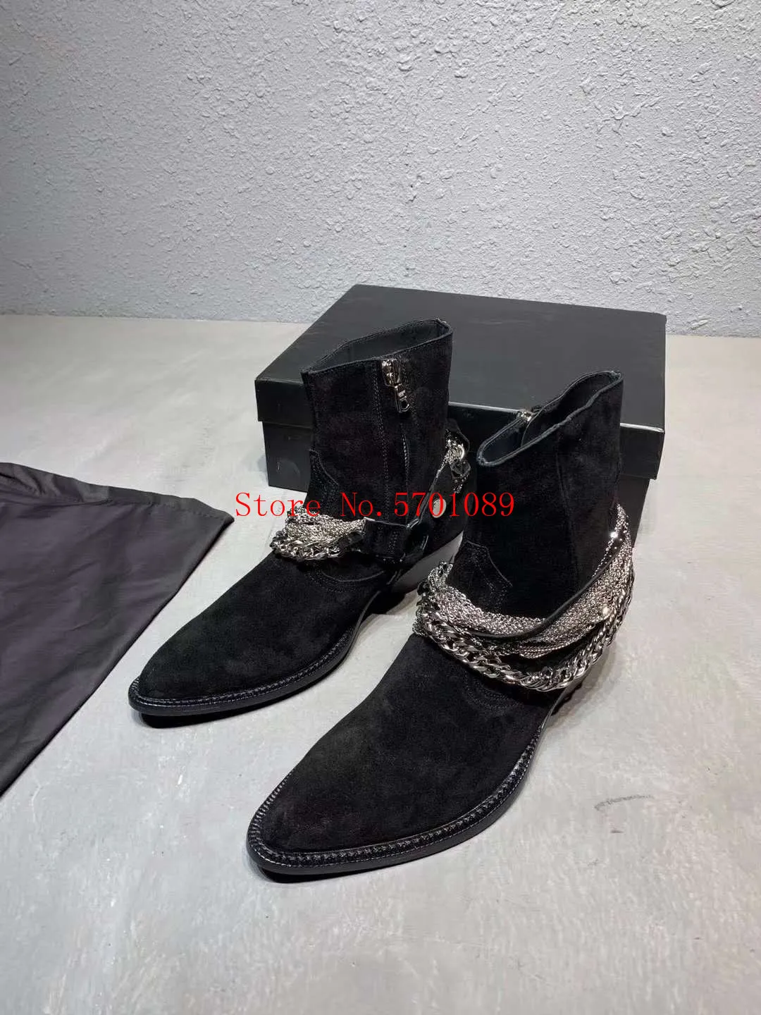 Мужские модные замшевые ботинки в западном стиле на цепочке коричневые Черные