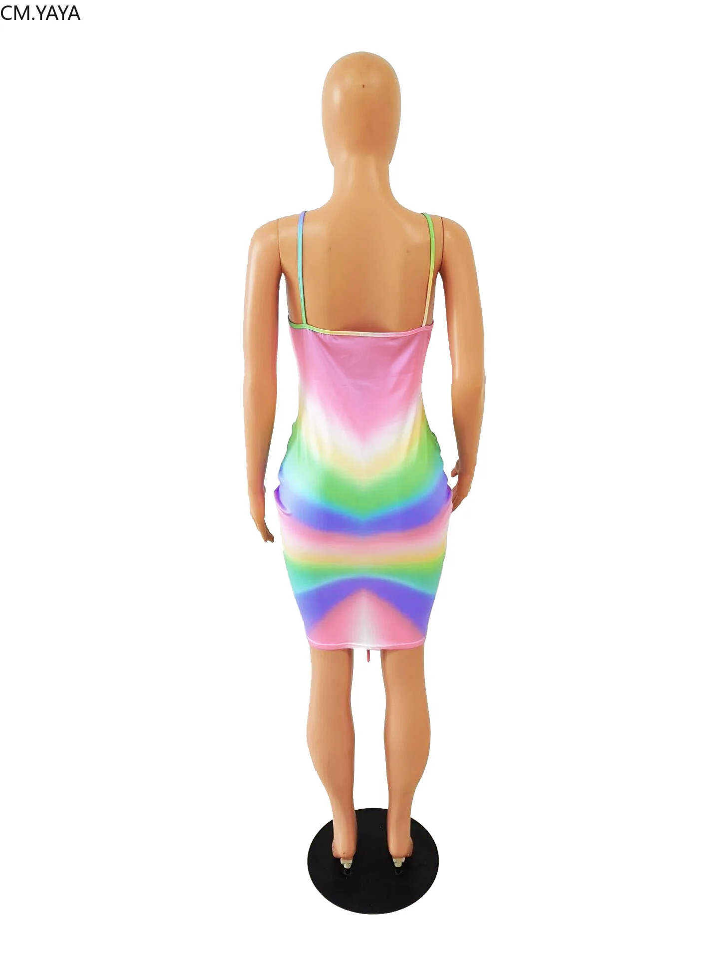 Женское облегающее платье миди без рукавов на бретелях спагетти с радужным