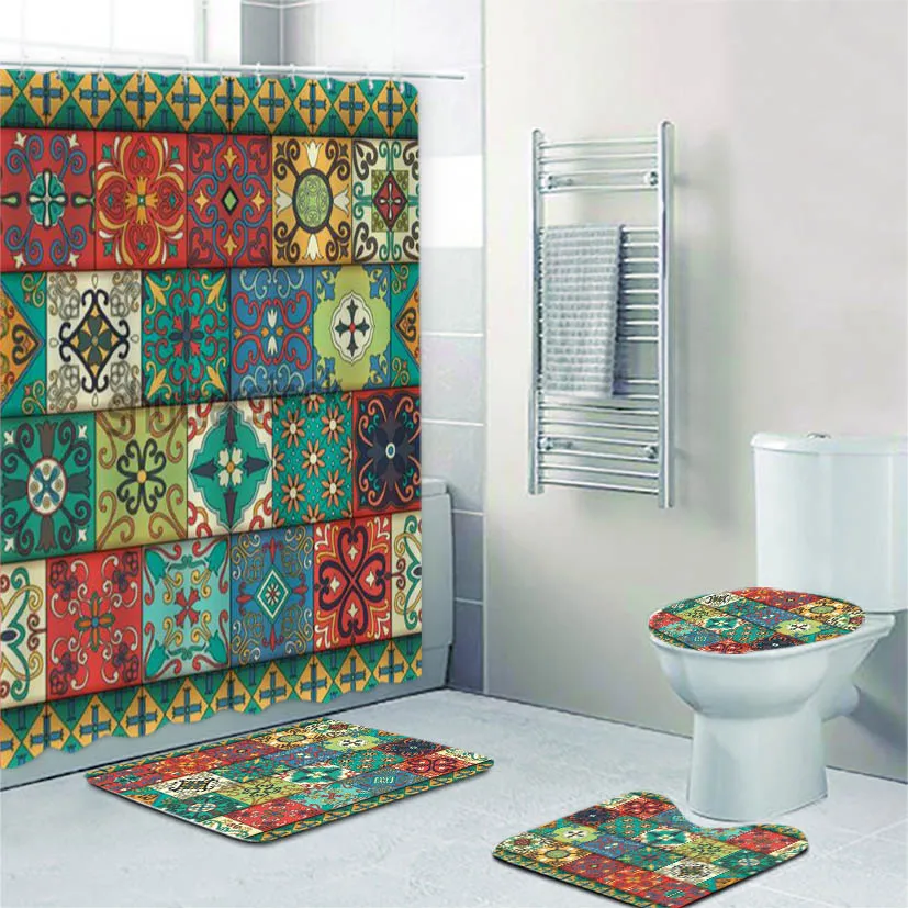 

Abstract Geometric Portuguese Tiles Bathroom Curtains Shower Curtain Set Italian Mexican Mandala Bathroom Rugs Carpet for Toilet