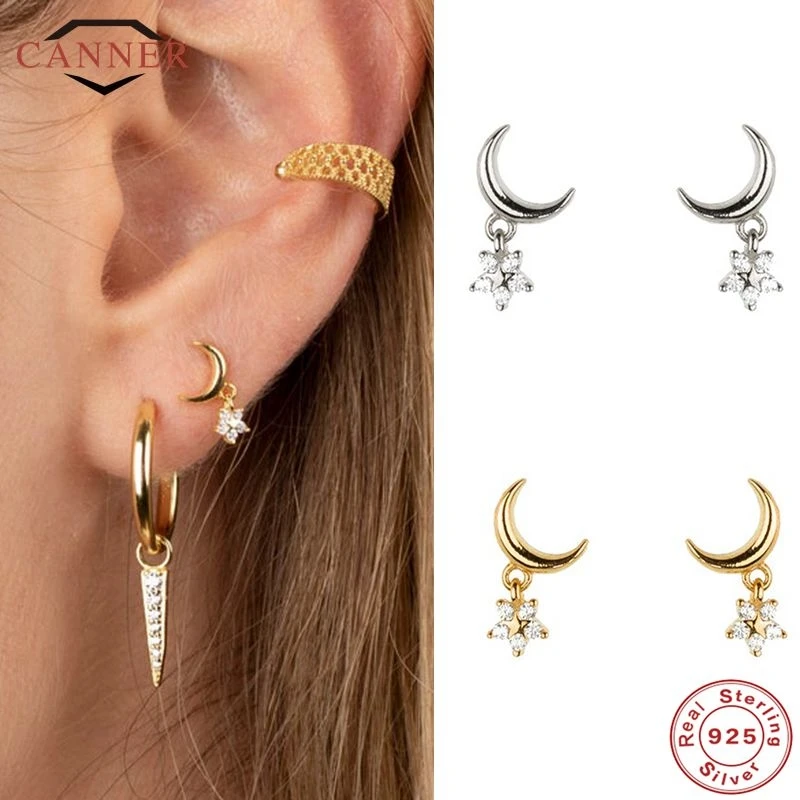 

CANNER European American Fashion Simple Wild Real 925 Sterling Silver Earrings For Women Crescent Star Zircon Earings Jewelry