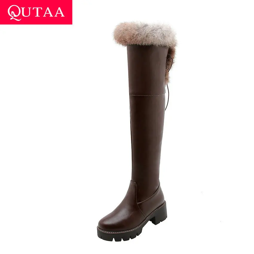

QUTAA 2020 Square Heel PU Leather Over The Knee High Boots Winter Warm Fur Casual Round Toe Zipper Lace Up Women Shoes Size34-43