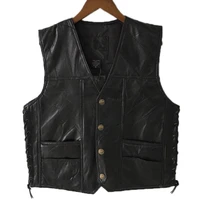 mens side laces adjustable soft sheepskin black leather motorcycle vest biker vests