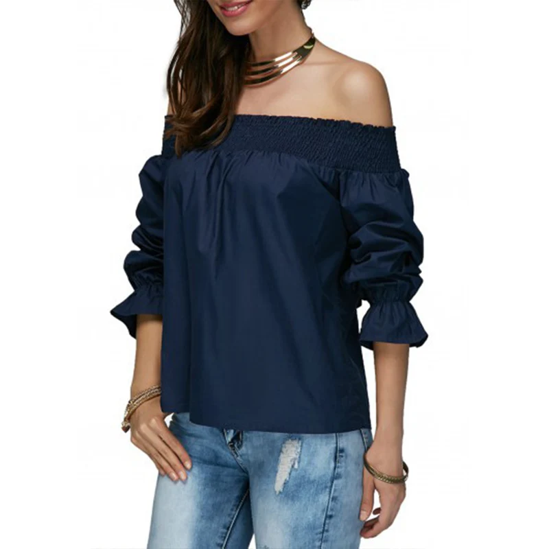 Летние Элегантные женские блузки рубашки рукава бант вырез лодочкой с открытыми