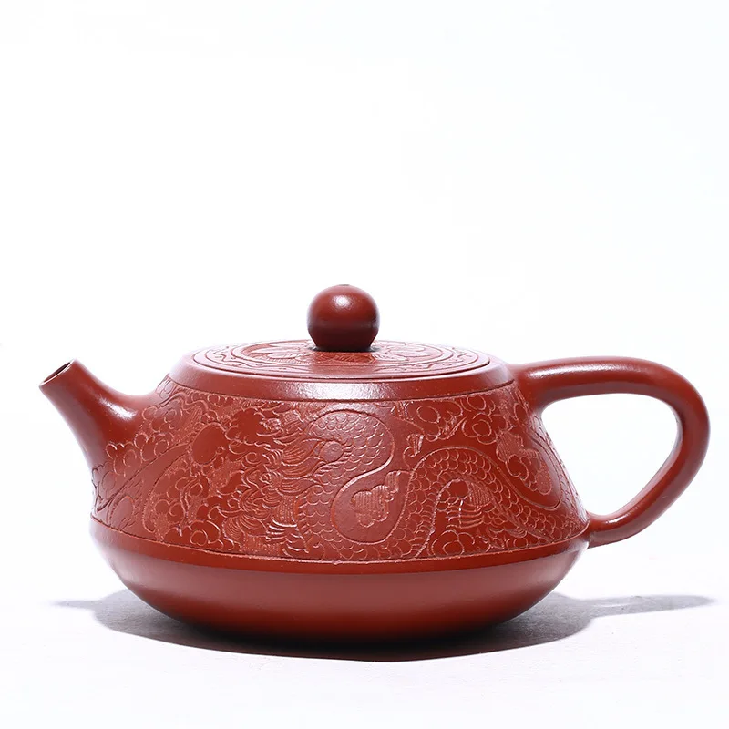 

Yixing Dark-red Enameled Pottery Teapot Famous Manual Tea Set Gift Raw Ore Bright Red Gown Painting Dragon And Phoenix Shipiao