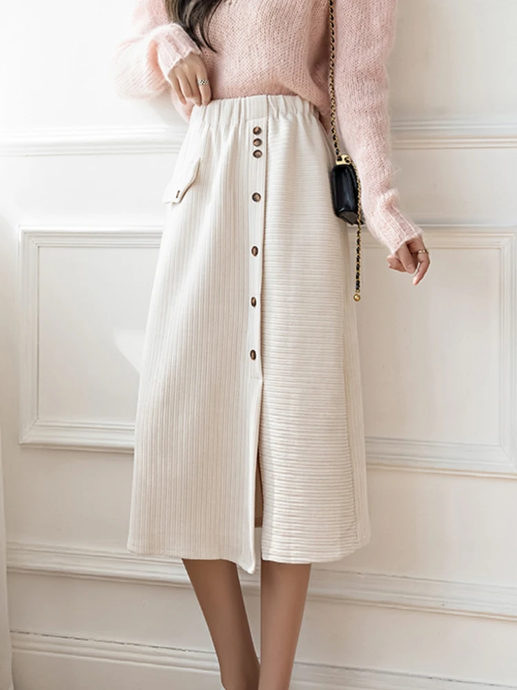 

TIGENA Corduroy Midi Long Skirt Women 2021 Fall Winter Button Slit Elegant Straight Office Lady High Waist Velvet Skirt Female