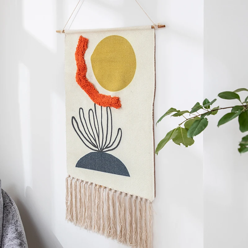 Tapiz de macram&eacute; de algod&oacute;n y lino con estampado de borlas, tejido a mano, bohemio, decoraci&oacute;n de pared, accesorios de decoraci&oacute;n para habitaciones, 98x50cm-3