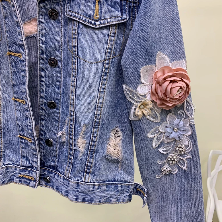 

High Fashion Europe And American Style Beautiful Lovely Sequin Cartoon Kitty Cat Flowers Applique Broken Holes Denim Jacket Coat