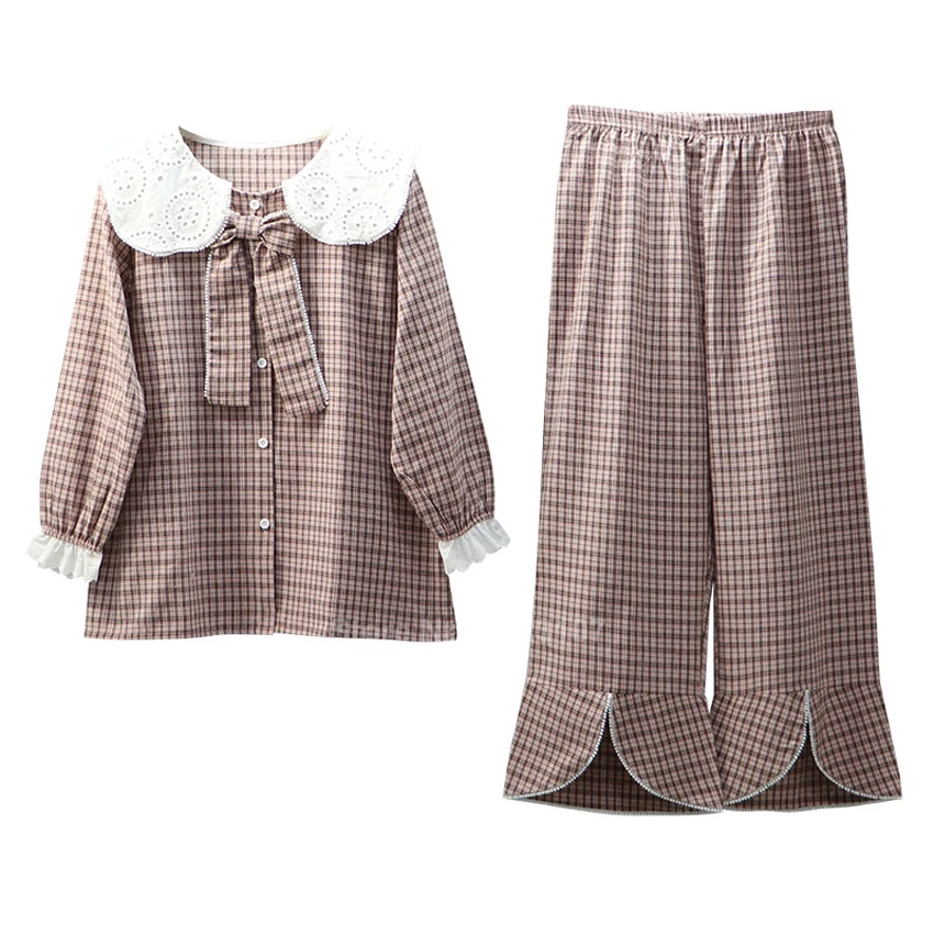 

Floral Sleeve Cute Kawaii Mori Girls Pajamas Set Women Plaid Cotton Sleepwear with Bow Tie Renaissance Vintage Loose Lounge