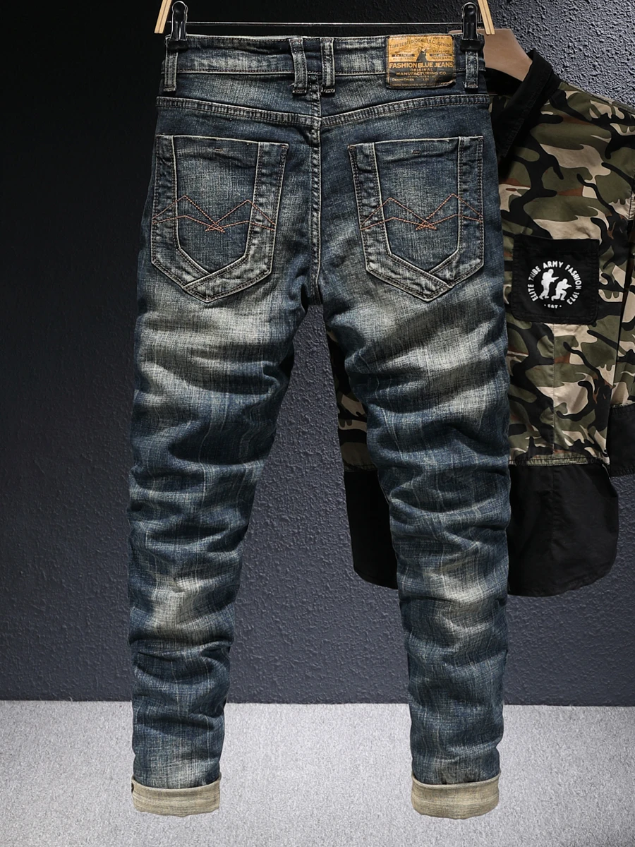 Italian Style Fashion Men Jeans Retro Black Blue Elastic Cotton Slim Fit Ripped Denim Trousers Embroidery Vintage Designer Pants | Мужская