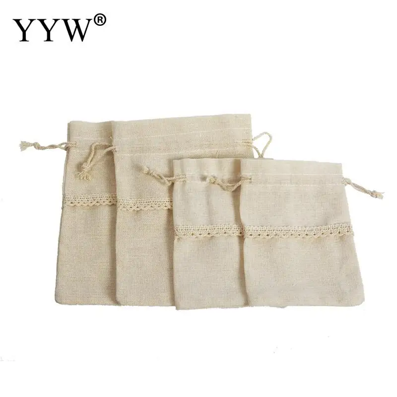 10PCs/Lot Cotton Drawstring Bag With Lace Durable Hardwearing Practical Beige Small Gift Jewelry Container 10x14cm 13x18cm | Украшения и