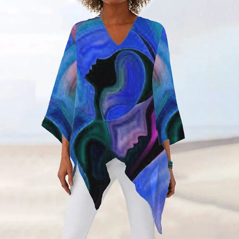 

Женская Асимметричная Блузка с V-образным вырезом, однотонная Свободная Повседневная блузка большого размера с абстрактным принтом, лето ...