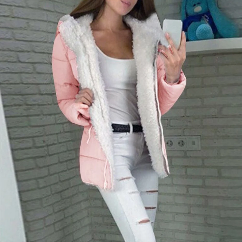 

Women Winter Coat Warm Long Sleeve Loose Quilted With Hood Solid Fashion Plus Velvet Plain Zip Casual Windproof Thick