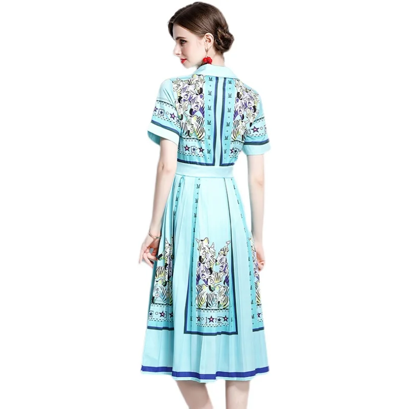 

Simgent Blue Dress Women Summer Single Breasted Turn Down Collar Print Elegant Pleated Dresses Robe Femme SG161213
