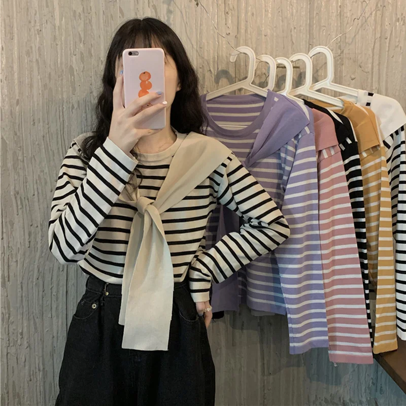 Осенняя футболка в Корейском стиле новинка 2021 просторный пуловер из двух частей