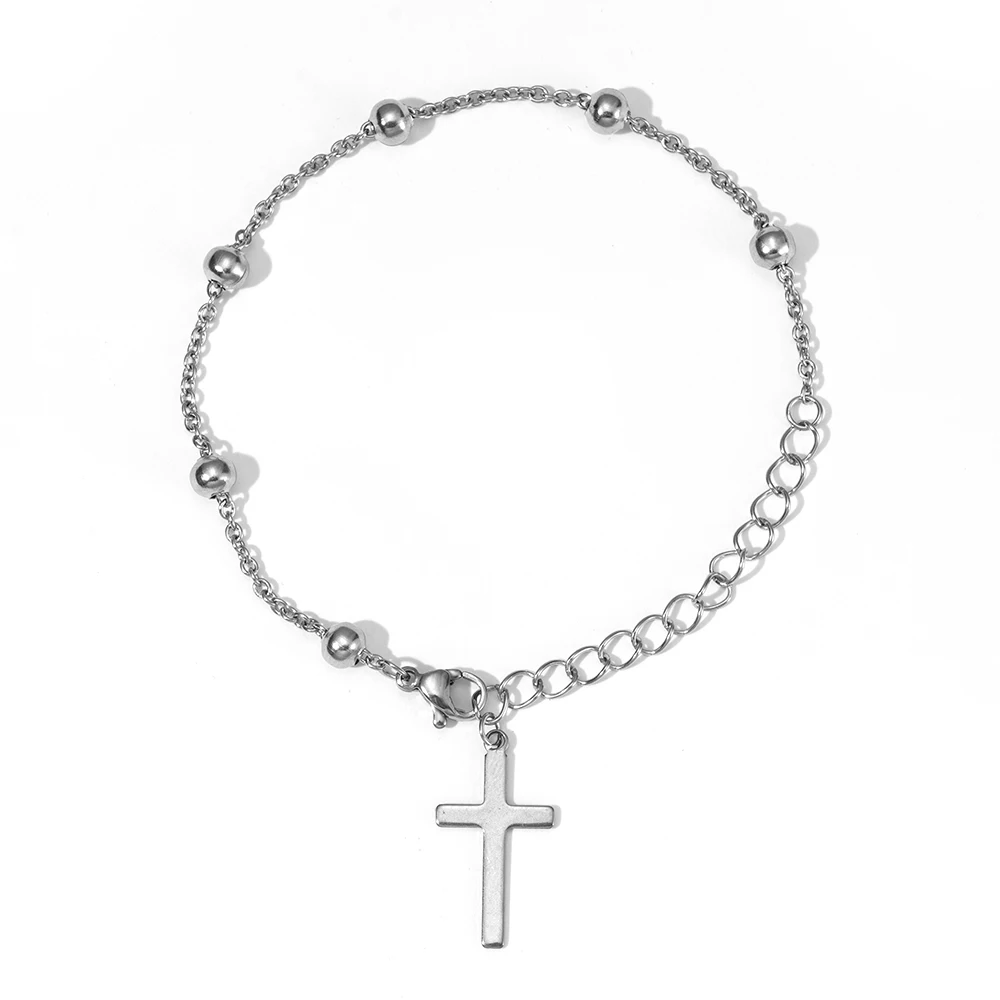 

Punk Round Bead Chain Link Cross Pendant Bracelet Stainless Steel Women's Adjustable Link Stacked Layered Chain Men's Bracelets