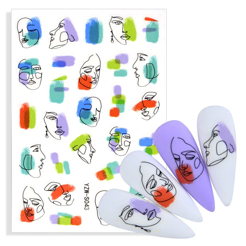 

2021 New Colorful Mosaic Abstract Lady Face Nail Sticker Adhesive Black Leaf Sliders Paper Nail Art Decor Decals Manicure Foils