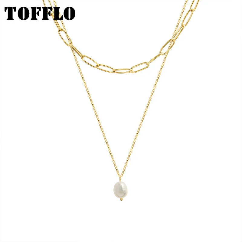 

TOFFLO Stainless Steel Jewelry Danshui Pearl Pendant Multi Layered Lapped Necklace Women's Fashion Clavicle Chain BSP791