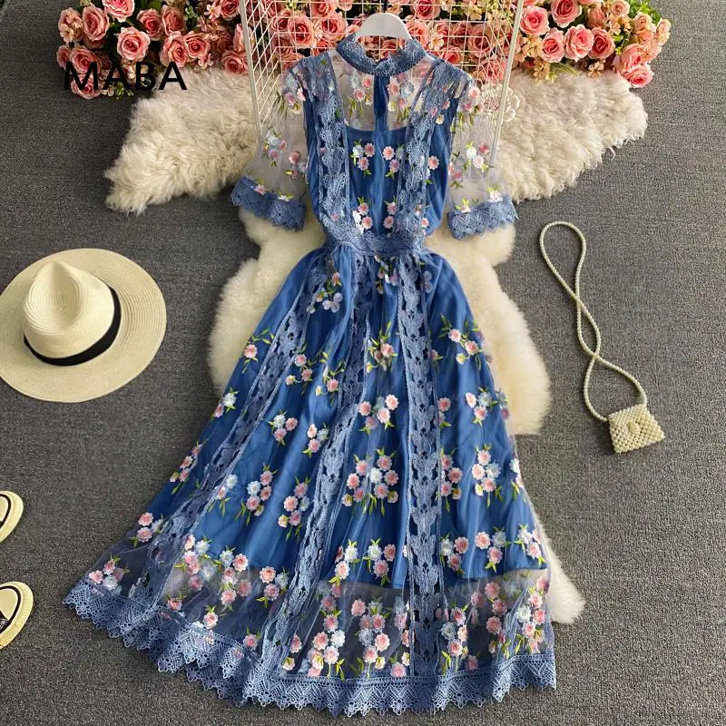 

New Arrival Runway High Quality Luxury Embroidery Female See-Through Women's French Mesh Patchwork Elegant Dress Vestido