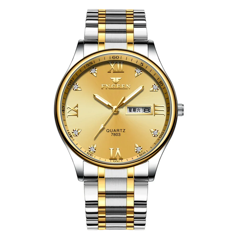 

2021 Watch Room Gold Steel Band Fashion Men's Watch Dual Calendar Quartz Watch Casual Watch Watch Non-mechanical Net Red