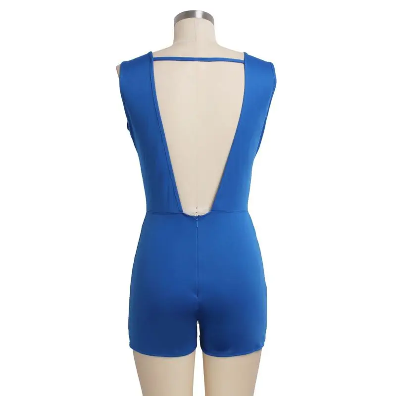 

Waist Band Cut Out Summer Fitness Bodysuit Women Rhinestones Spliced Sleeveless Slim Playsuit Vintage V Neck Backless Jumpsuits