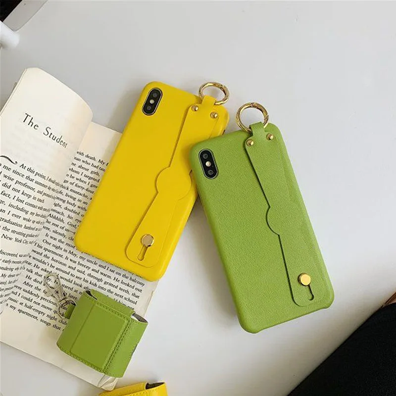 Solid Color PU Leather Phone Case for iPhone 6 6s 7 8 Plus X Xs XR Max Wrist Strap Hand Band Cover |