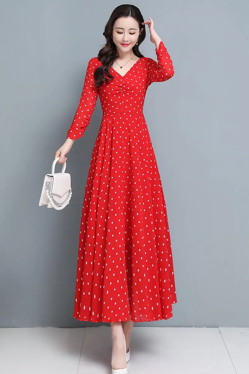 

COIGARSAM 3XL Plus Size Full Sleeve Women Long dress Polka Dot Chiffon High Waist Dresses Image Color Red 219