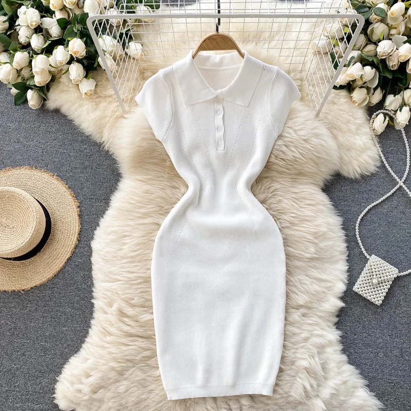 

Women Slim Knitted Dress Turndown-Collar Short Sleeve Elastic Dresses Summer Sexy Bodycon Streetwear Short Sundress