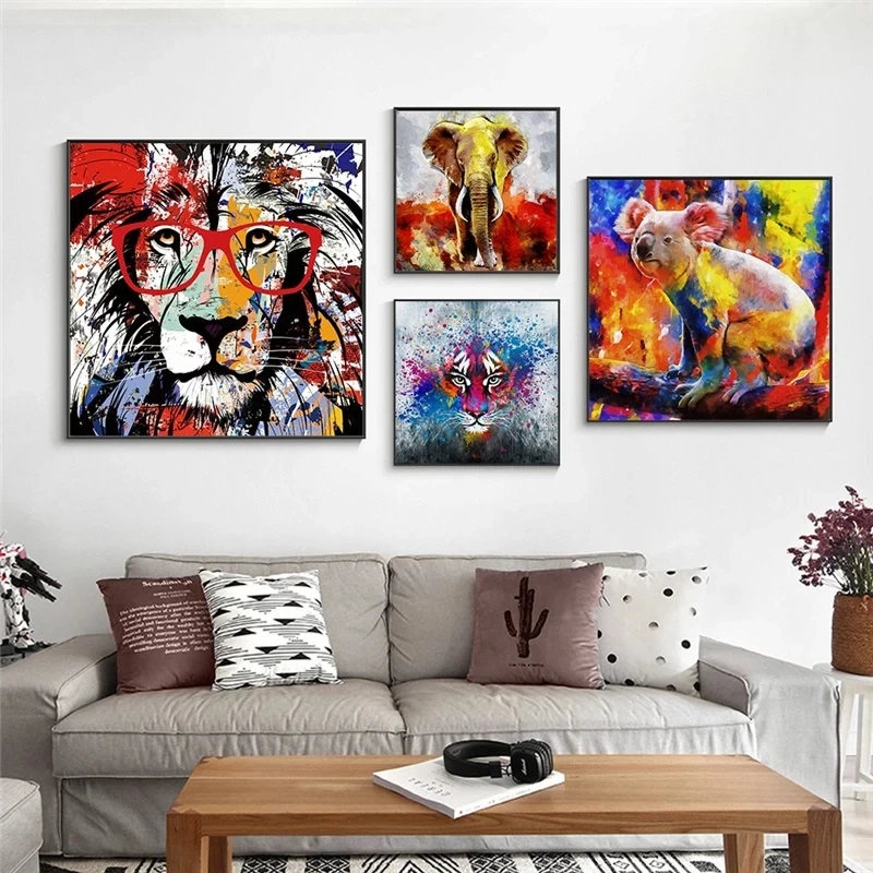 

Abstract Colorful Animal Canvas Painting Lion Tiger Elephant Wall Art Poster Print Nordic Wall Pictures For Living Room Decor