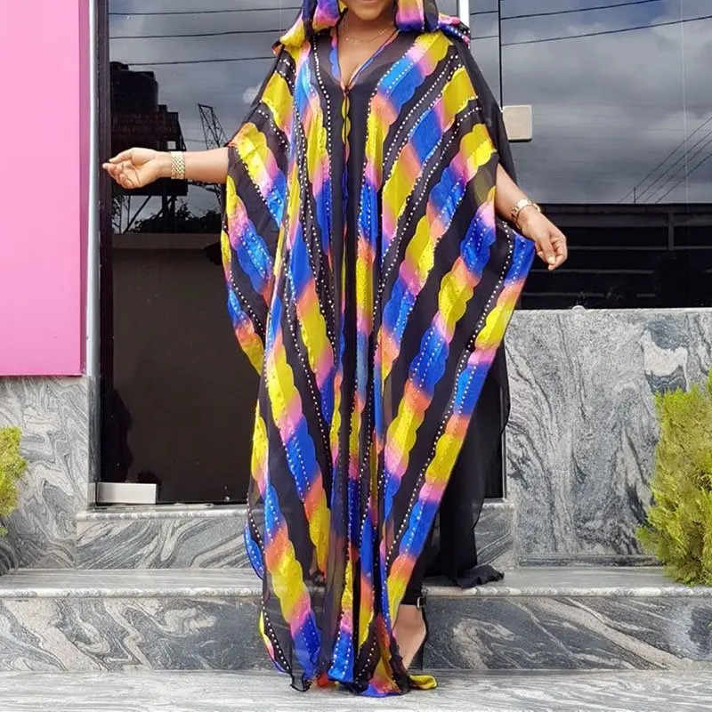 Цветной полосатый халат с капюшоном большого размера в африканском стиле