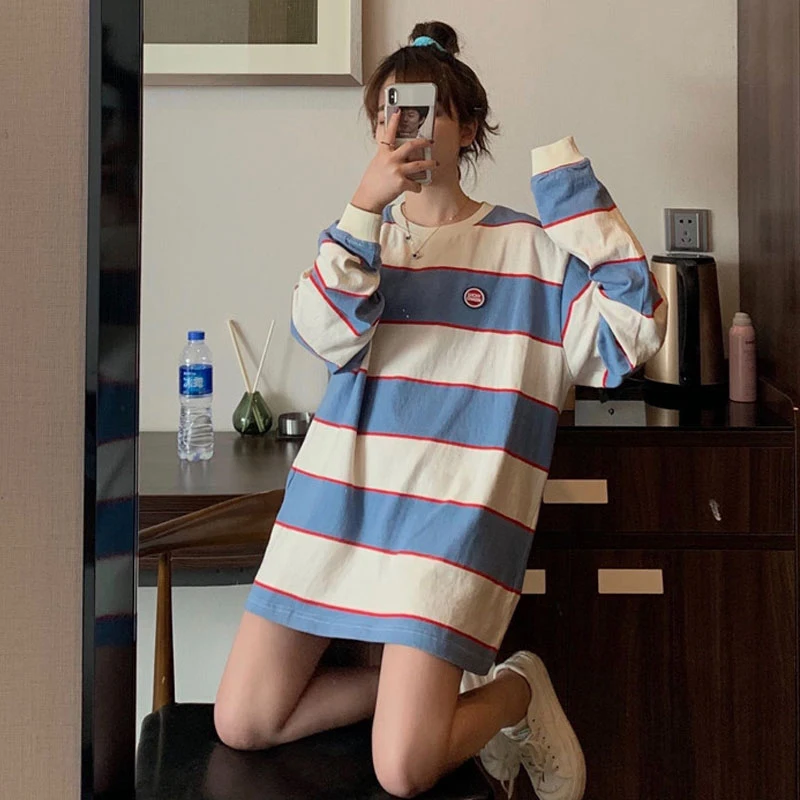 

Wide Striped Early Autumn New Rainbow Long-Sleeved t-Shirt Male Loose Couple Thin Section Clothes Retro Neutral Streetwear Top