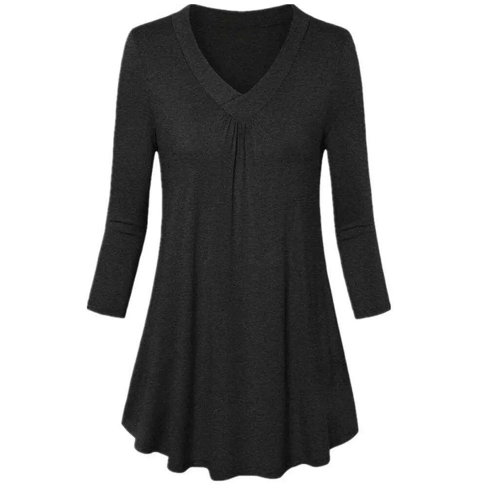 

Women Plus Size V-Neck Long Sleeve Shirt Pleated Swing T-Shirt Tops Long Blouse