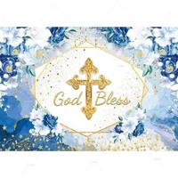 god bless backdrop baptism party first holy communion christening banner decor blue flower gold cross boy baby shower background